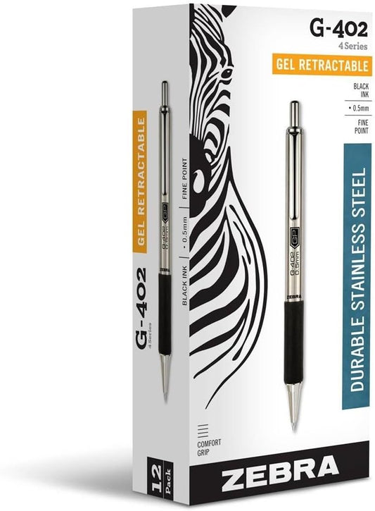 ZEBRA G-402 Retractable Gel Pen, Stainless Steel Barrel, Fine Point, 0.5mm, Black Ink, 12-Pack