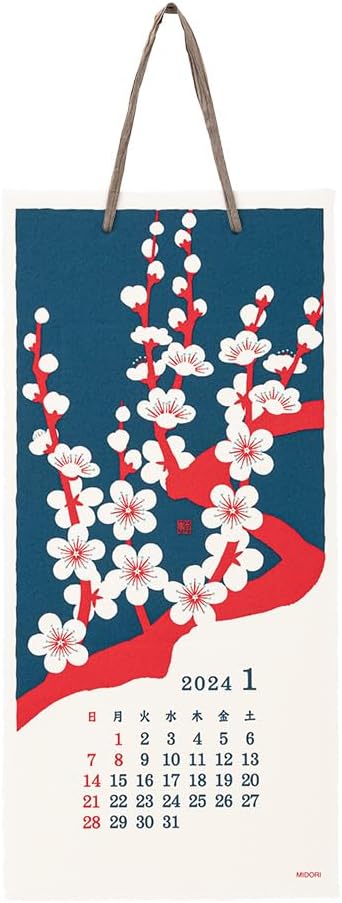 Midori 3130006 2024 Calendar, Wall Hanging, L, Echizen Washi Paper, Traditional Pattern (S (stalk))