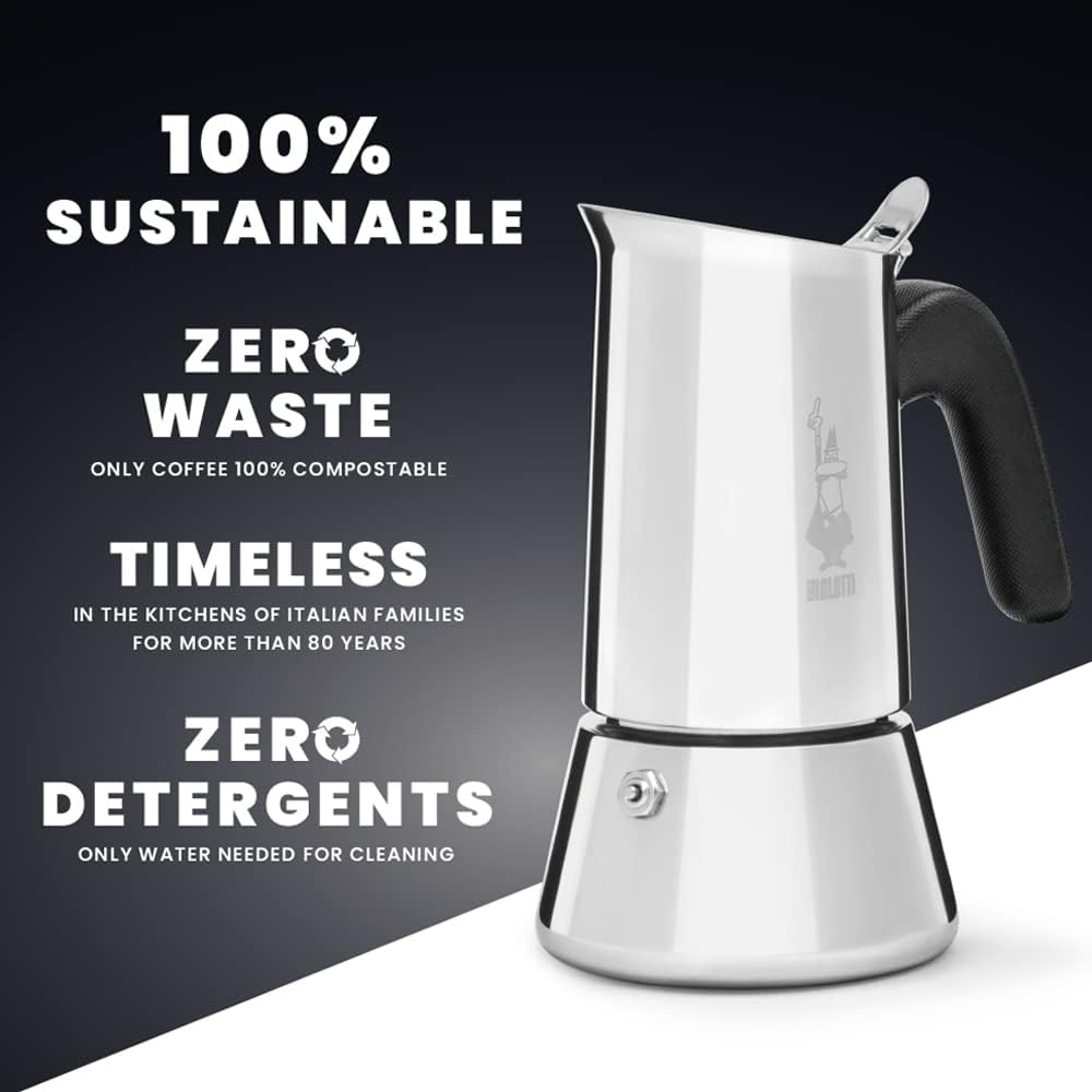 Bialetti - New Venus, stainless steel espresso coffee machine, suitable for all types of stoves, 2 cups (85 ml), aluminium, silver (Not induction safe)