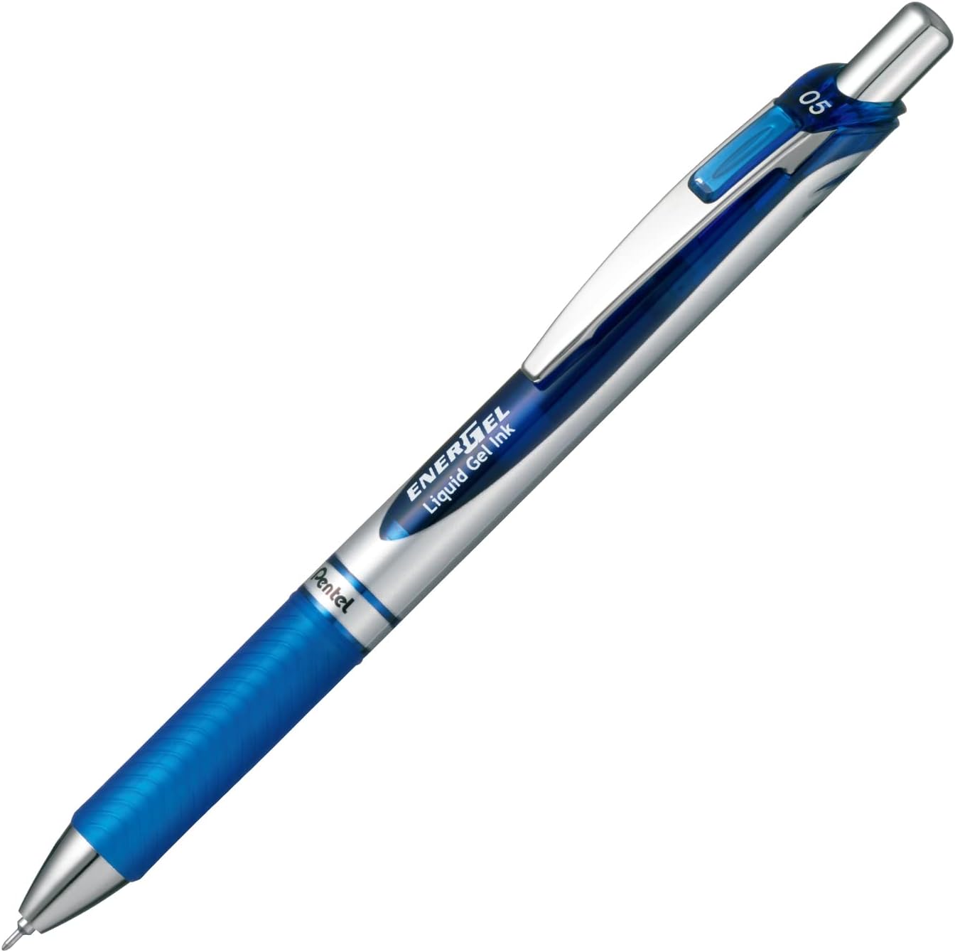 Pentel Energel Knock Ballpoint Pen, 0.5mm Needle Tip, Blue Ink, Silver Body with Blue Accent (BLN75Z-C)