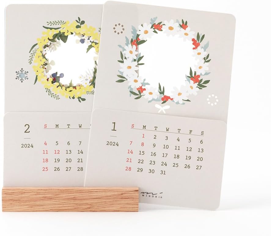 MIDORI 31280006 2024 Desktop Calendar Excluding the Seasons Limited Edition with Stickers, Floral Print