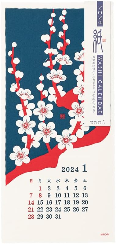 Midori 3130006 2024 Calendar, Wall Hanging, L, Echizen Washi Paper, Traditional Pattern (S (stalk))