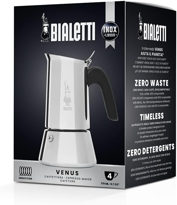 Bialetti - New Venus, stainless steel espresso coffee machine, suitable for all types of stoves, 2 cups (85 ml), aluminium, silver (Not induction safe)