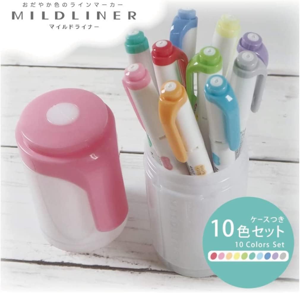 ZEBRA Mildliner WKT7-HD-BG-AZ Highlighter, 10 Colors, Hard Case Included, Blue Green
