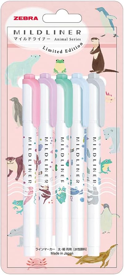 ZEBRA Mildliner WKT7-AS-5C-A Highlighter, Set of 5 Colors, Animal