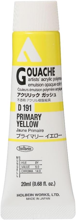 Holbein Acryla Gouache Artists Acrylic Polymer Emulsion, 20ml Primary Yellow (D191)