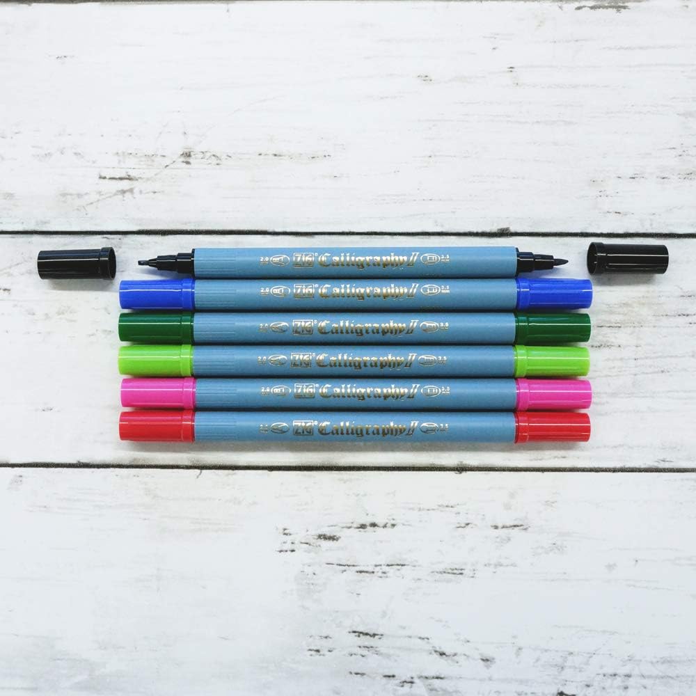 Kuretake Zig Calligraphy Pens,2mm. 3.5mm Dual Tip Markers, AP-Certified, No Mess, Photo-Safe, Acid Free, Lightfast, Odourless, Xylene Freeing, for Beginners, Made in Japan (6 pens Set)