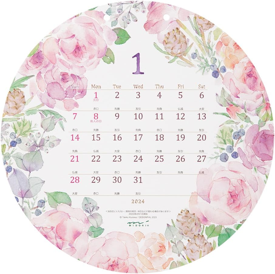 MIDORI 31284006 2024 Wall Calendar Round Country Time Wreath