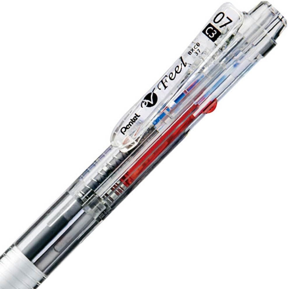 Pentel BXCB37T Feel Tri-Color Ballpoint Pen, 0.7, Clear Shaft, 10 Pieces