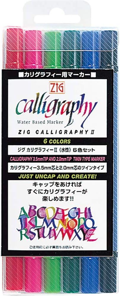 Kuretake Zig Calligraphy Pens,2mm. 3.5mm Dual Tip Markers, AP-Certified, No Mess, Photo-Safe, Acid Free, Lightfast, Odourless, Xylene Freeing, for Beginners, Made in Japan (6 pens Set)