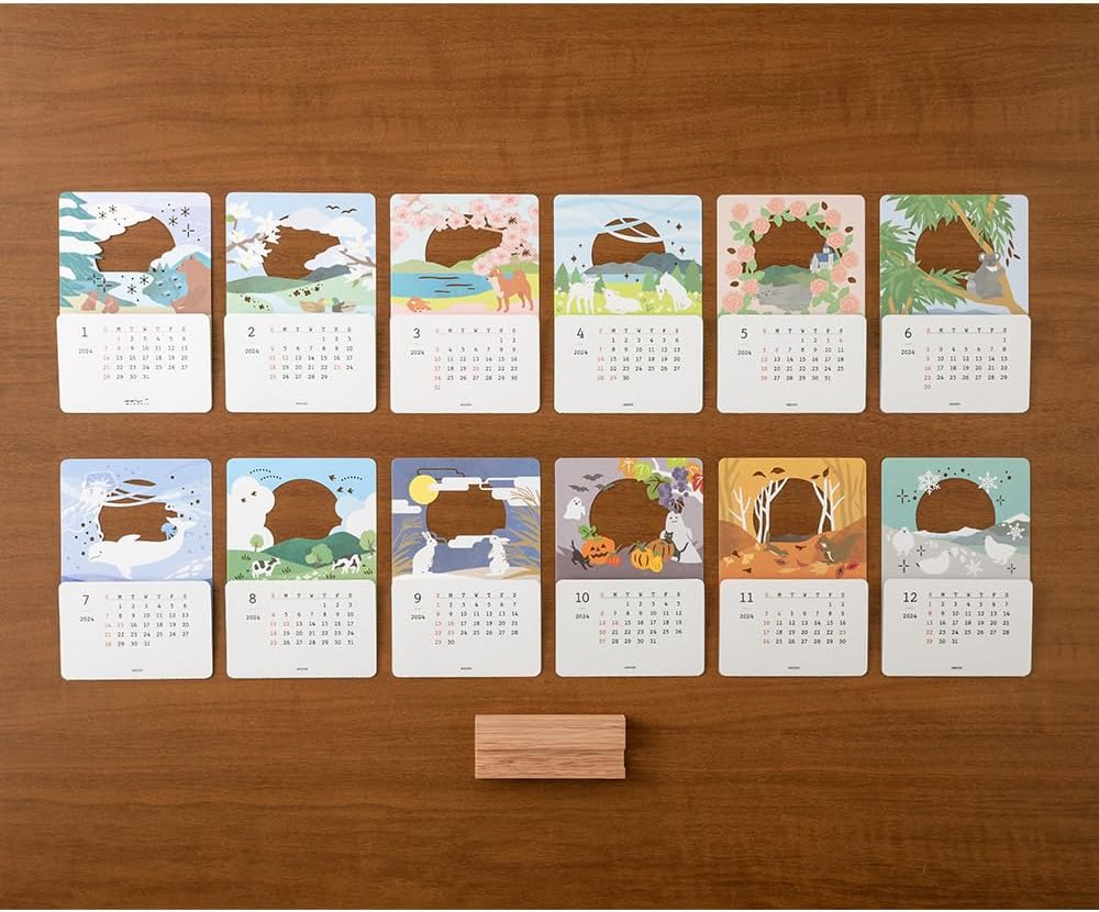 MIDORI 31281006 2024 Desktop Calendar Excluding Seasonal Calendar with Stickers, Landscape Pattern