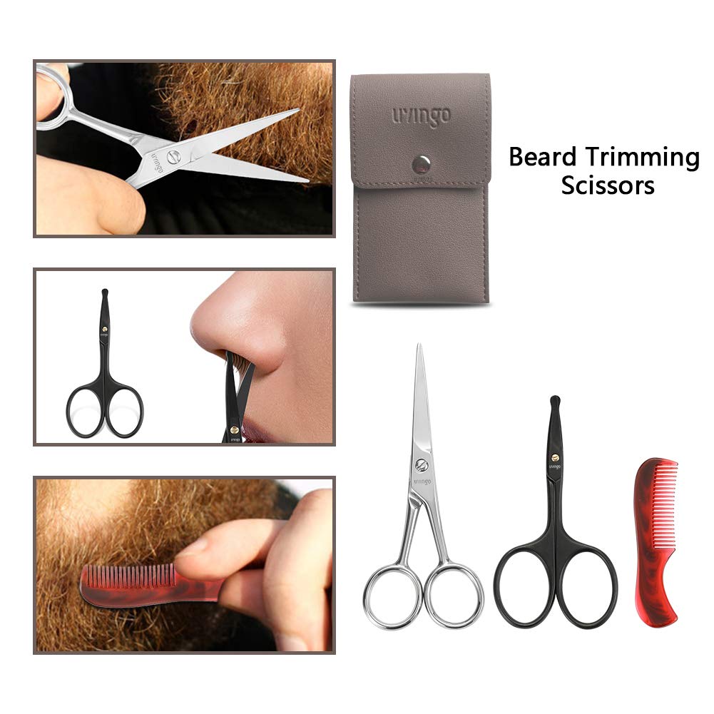 LIVINGO 4.5 inches Beard & Mustache Scissors for Men, Professional Rounded Tip Safety Sharp Stainless Steel Small Beauty Facial Nose Hair Trimming Shears Kit with Mini Comb and Leather Case