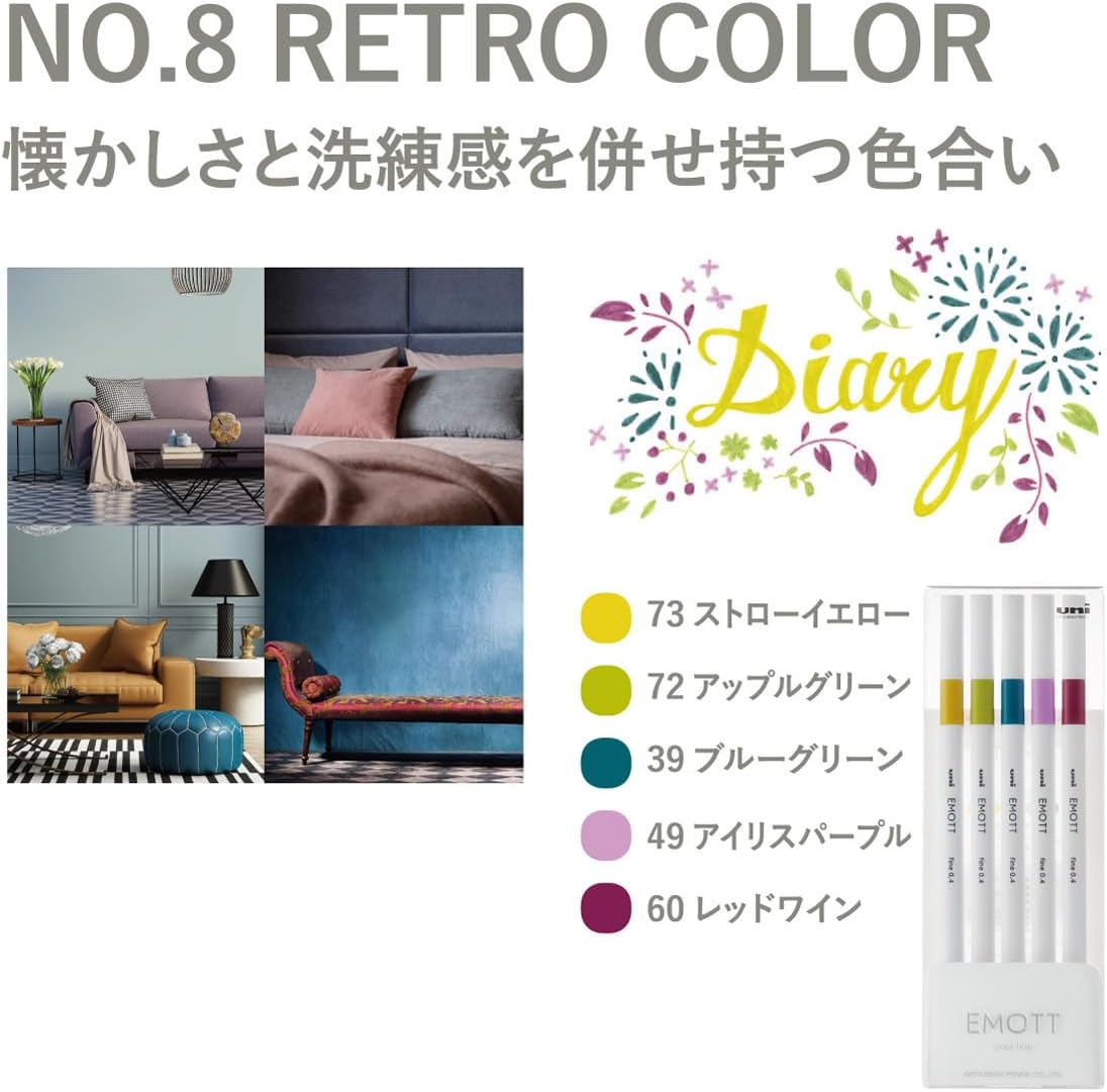Mitsubishi Pencil EMOTT PEMSY5C.NO8 Water-Based Pen, 5 Colors, No.8