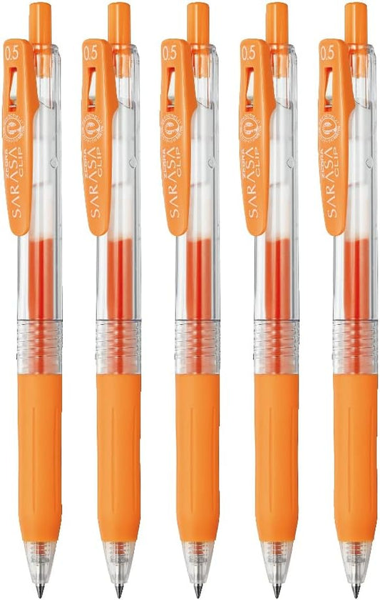 ZEBRA JJ15-OR-5AZ Sarasa Clip Gel Ballpoint Pen, 0.02 inches (0.5 mm), Orange, Pack of 5