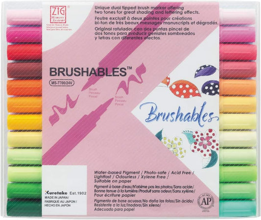 Kuretake ZIG BRUSHABLES 24 Brush Marker Pens set, TWO-TONED 48 Colors, Twin brush tips, Waterproof when dry, No mess, Archival Quality, Made in Japan