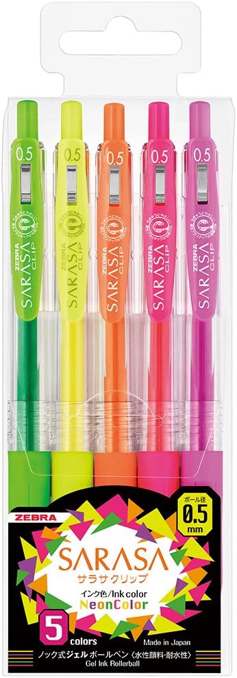ZEBRA Technologies Sarasa Clip Ballpoint Pen, 5 Neon Colors Set, 0.5mm (JJ15-5C-NO)
