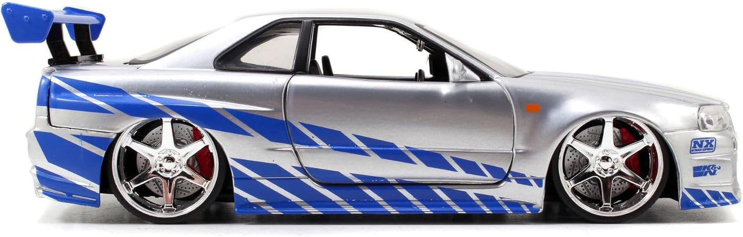 Jada Toys Fast & Furious Brian???s 2002 Nissan Skyline R34 Die-cast Car, 1:24 Scale, Silver & Blue