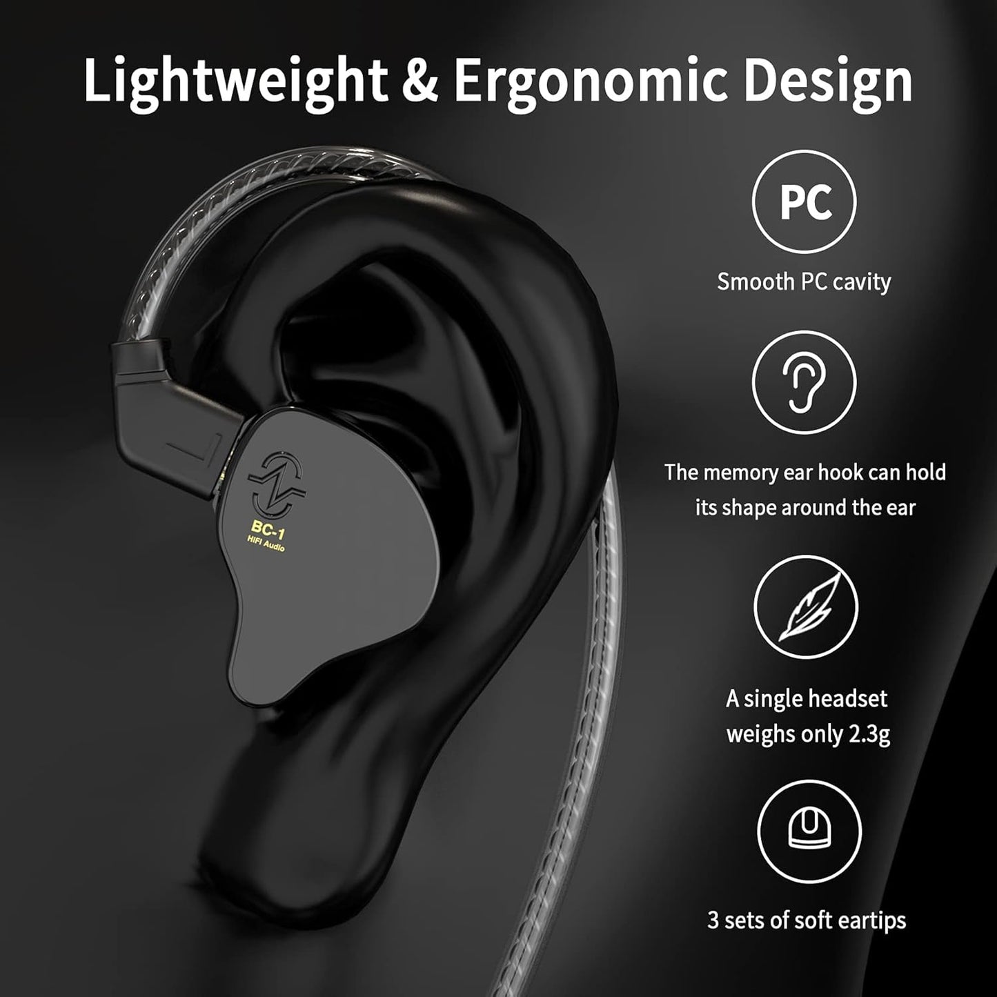 CCZ Yinyoo Melody in Ear Monitors Earphones Headphones Wired Earbuds without Microphone IEM HIFI Bass with 1DD 1BA, Ear fins, 4N OFC Cable for Musicians, Singer, on Stage, Studio (no mic, clear black)