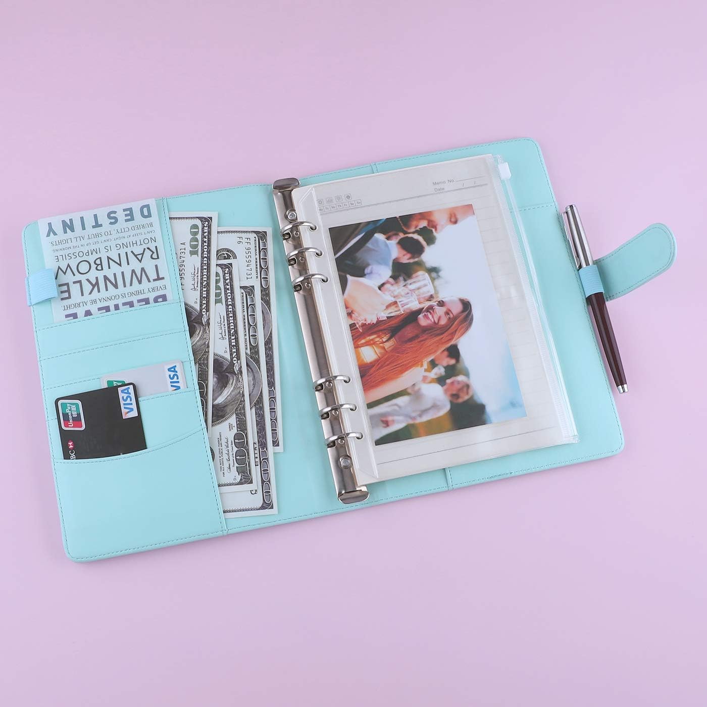 Antner A5 Notebook Binder 6 Ring Refillable Budget Planner Cover for Cash Organizer, PU Leather Loose Leaf Photocard Holder Aesthetic Binder with Magnetic Buckle for A5 Planner Inserts, Mint Blue