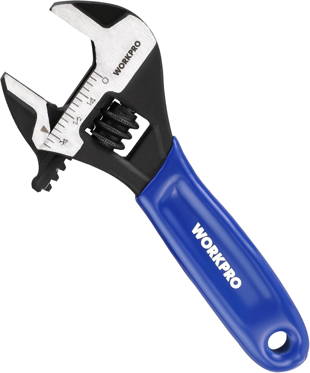 WORKPRO 4-Inch Adjustable Wrench, Cr-V Steel Wrench, Wide Jaw Black Oxide Wrench, Metric & SAE Scales, for Home, Garage, Workshop and DIY