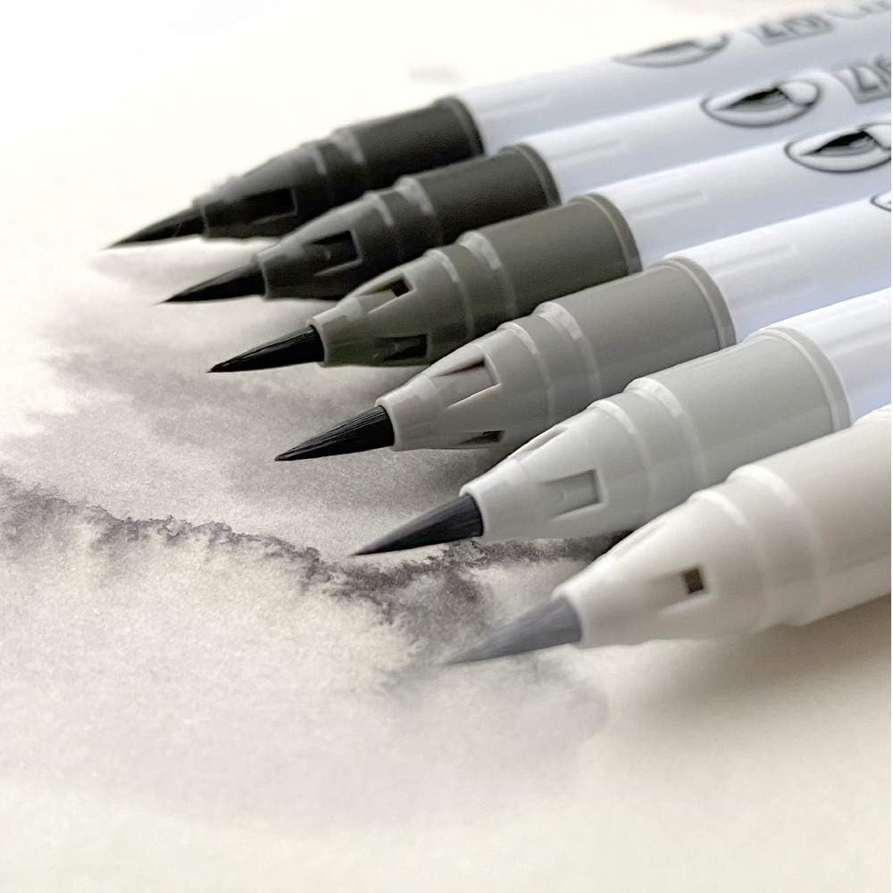 Kuretake ZIG Clean Color Real Brush Marker, Flexible Brush Tips, Watercolor Pens for Painting, Drawing, Calligraphy and Brush Lettering for Artists, Made in Japan (6 Cool Gray Colors set)
