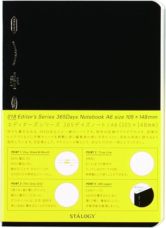 Nitoms S4103 STALOGY Notebook, A6, Squared, 365 Days Notebook, Black