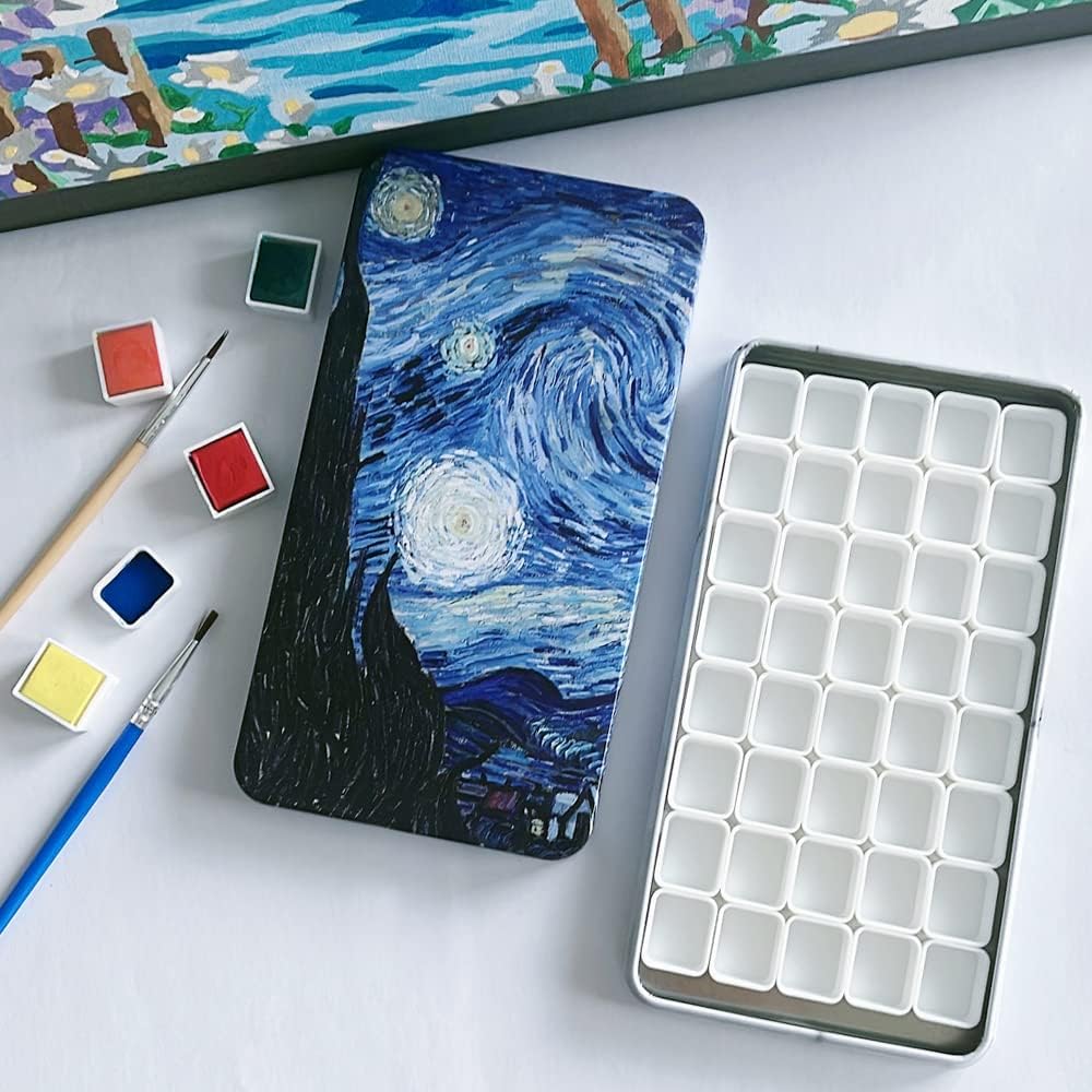 Empty Watercolor Tins Paint Palette with 40Pcs Empty Half Pans Carrying Magnetic Squares - Starry Night by Vincent Van Gosh