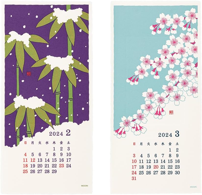 Midori 3130006 2024 Calendar, Wall Hanging, L, Echizen Washi Paper, Traditional Pattern (S (stalk))
