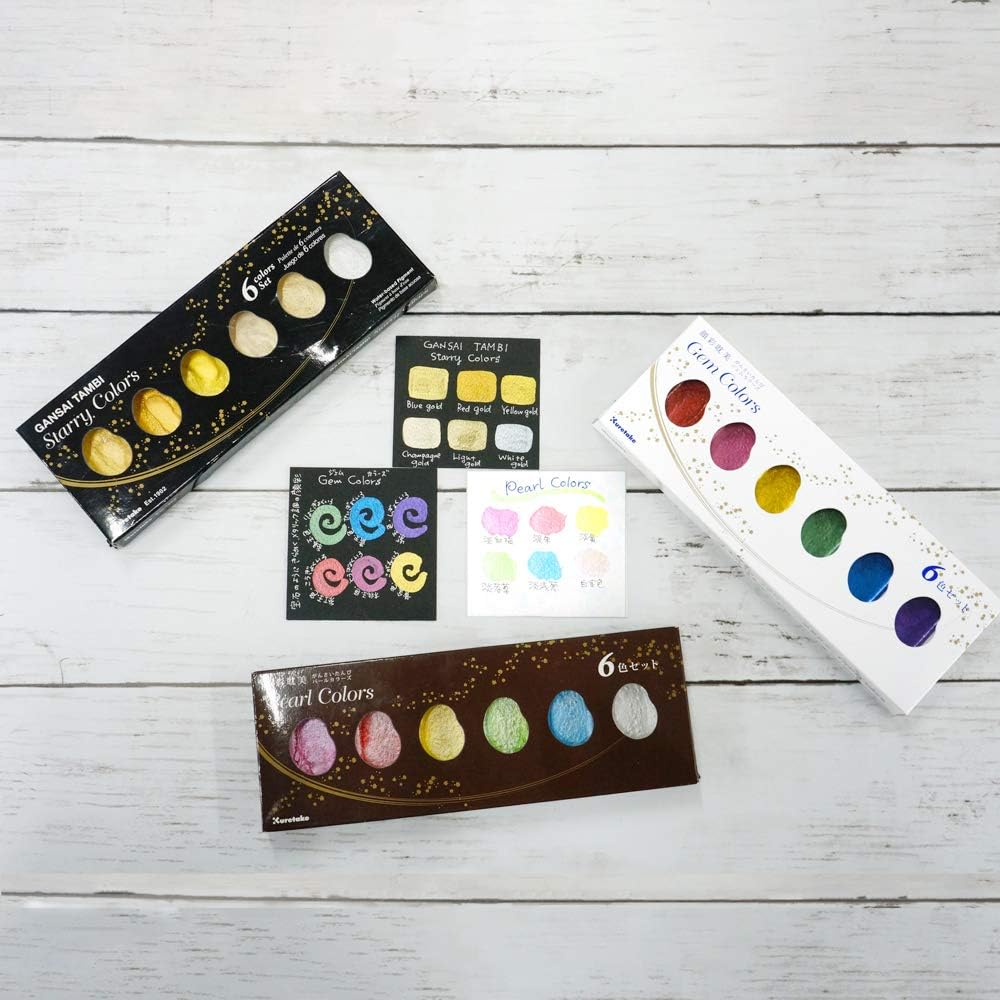 Kuretake GANSAI TAMBI 6 colors, 3 pack set, STARRY, PEARL, GEM, Watercolor Paint Set, Gold, Silver, Glitter, for Professional, Artist, Made in Japan