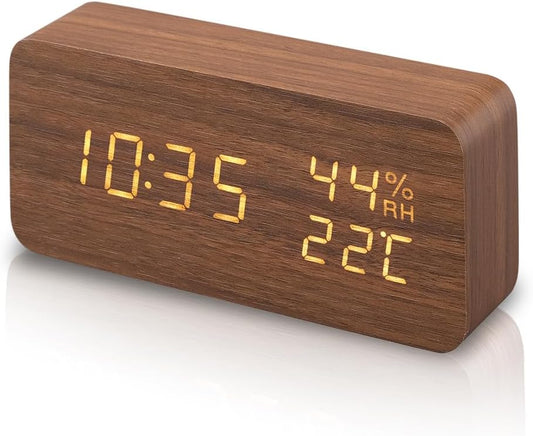 Iris Ohyama ICW-01WH-T Alarm Clock, Digital Brightness Adjustment, Temperature and Humidity Display, Table Clock, Power Saving Mode, Wood Grain Design, Multi-Functional Type, Brown