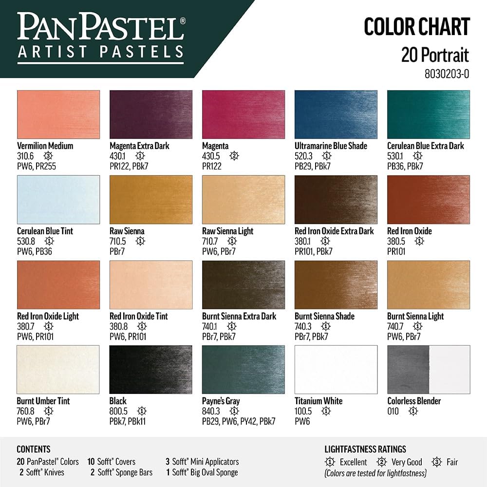 PanPastel Artist Pastels by GOLDEN, Portrait Set, 20 Color, Professional Artist Pastels, Unique Pan Format (cake-like)
