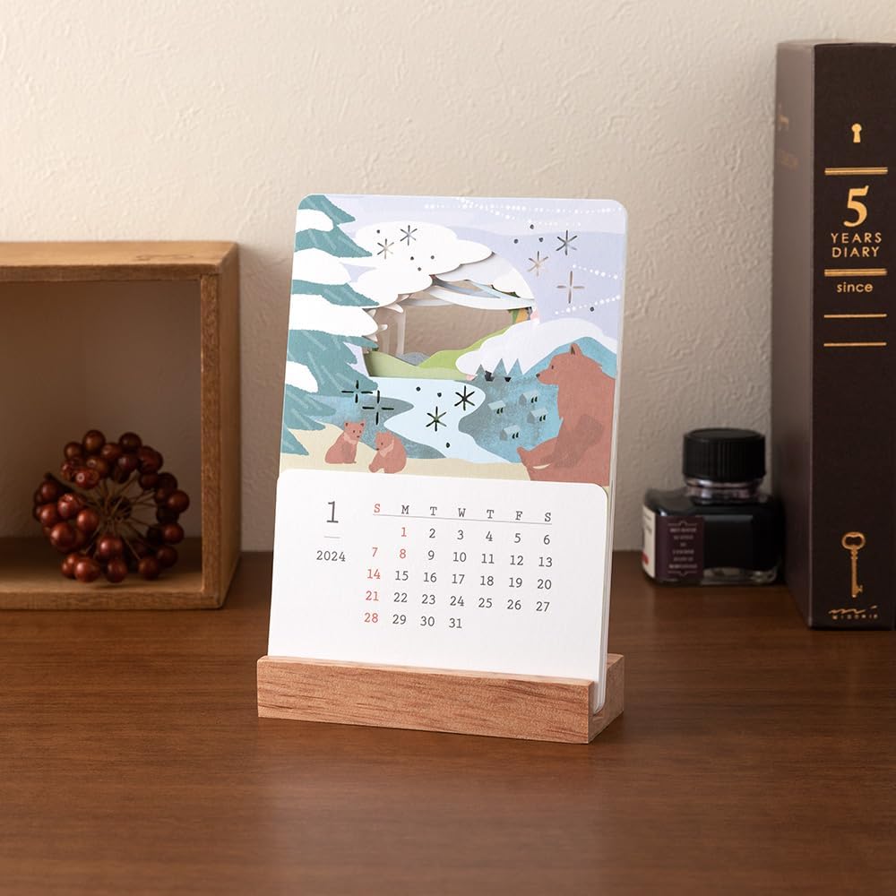 MIDORI 31281006 2024 Desktop Calendar Excluding Seasonal Calendar with Stickers, Landscape Pattern