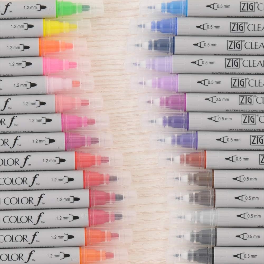 Kuretake ZIG CLEAN COLOR f, 0.5 mm & 1.2 mm, AP-Certified, Odourless, Xylene Free, Suitable for dark paper, Perfect for illustrating, sketching, designing and cartooning. Made in Japan (24 colors set)