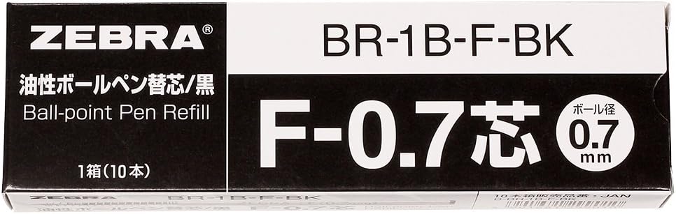 ZEBRA B-BR-1B-F-BK Oil-Based Ballpoint Pen Refill, F-0.7 Lead, Black, 10 Pens