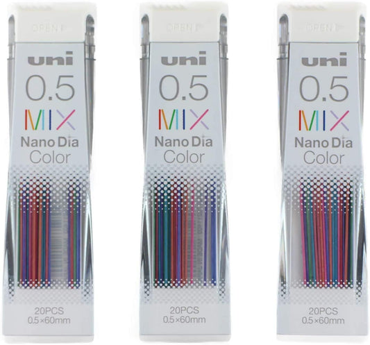 Uni Mechanical Pencil Lead Nano Dia 0.5mm, Color Mix, 20 leads x 3 Packs (Total 60 leads),MIYABI eraser set(05-202NDC-MIXx3/MIYABI Black)