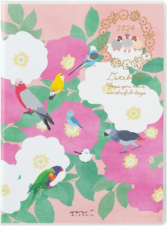 Midori Pocket Diary 22251006 Weekly Planner, 2024, A6, Clover Pattern, Starts January 2024 (bird pattern)