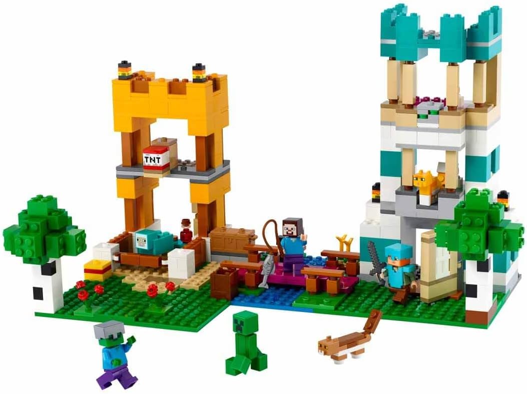 LEGO 21249 Minecraft The Building Box 4.0, Set 2in1 Build River Towers or Cat Hut, with Alex, Steve, Creeper and Zombie Mobs Figures, Toys for Kids