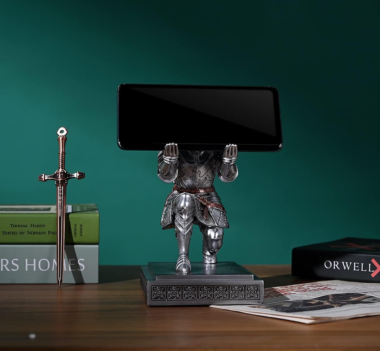 HDMbigmi King's Guard Knight Pen Holder Pen Stand Desk Organizers and Accessories Resin Pencil Holder as Gift with a Metal Sword Letter Opener for Office and Home (Silver)