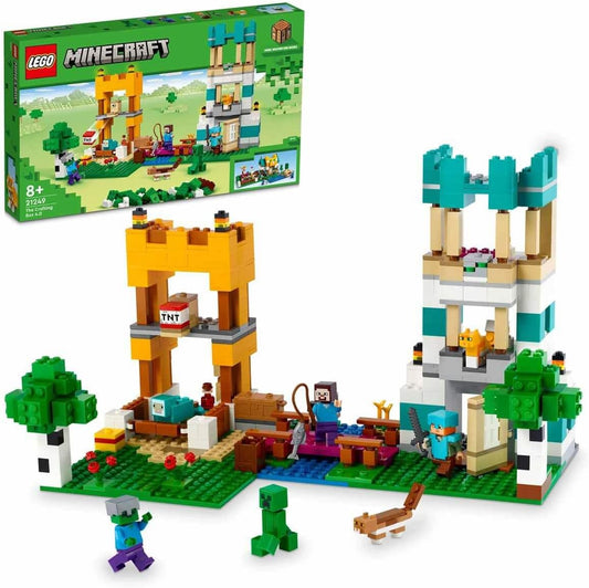 LEGO 21249 Minecraft The Building Box 4.0, Set 2in1 Build River Towers or Cat Hut, with Alex, Steve, Creeper and Zombie Mobs Figures, Toys for Kids