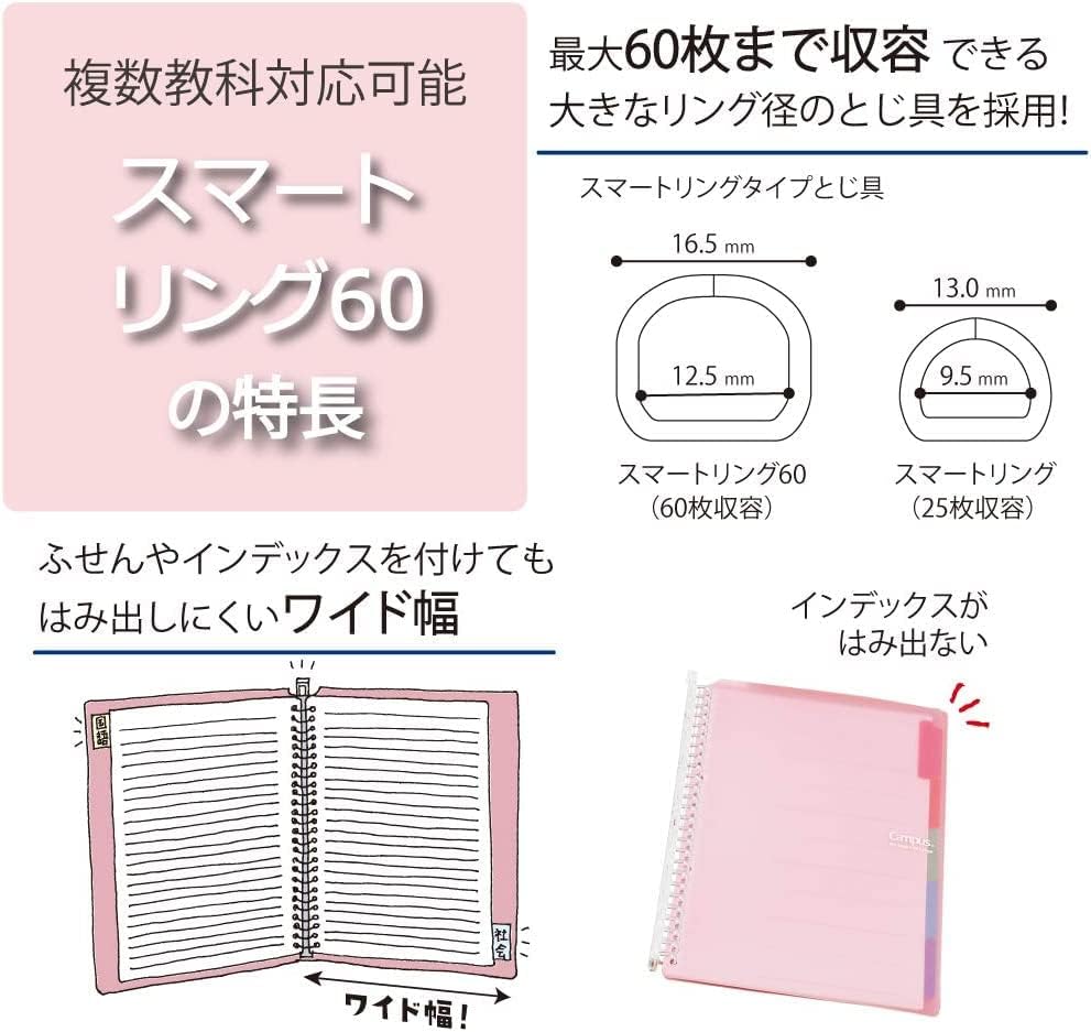 Kokuyo Campus Smart Ring Binder Notebooks, B5 Size, 60 Sheet Capacity, 26 Holes, Come with 10 Campus Loose-Leaf Paper, Perfect for Meeting, Classes and Note-Taking, Pink, Japan Import
