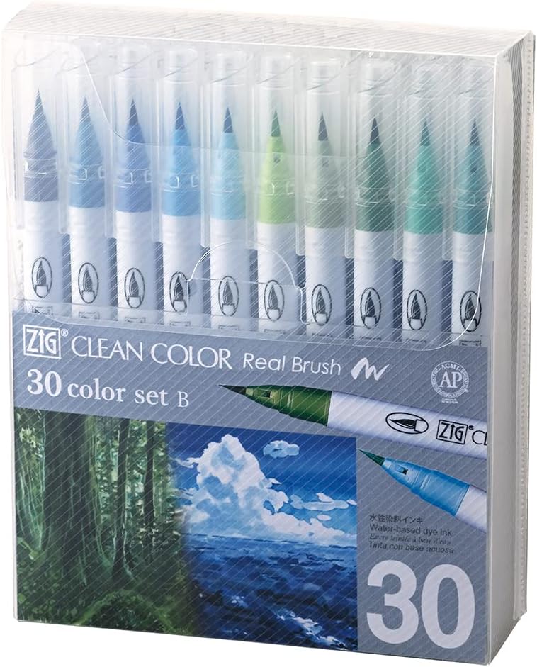 Kuretake ZIG Clean Color Real Brush, NEW 30 colors set B, Flexible Brush Tips, Watercolor Pens for Painting, Drawing, Calligraphy and Brush Lettering for Artists, Made in Japan
