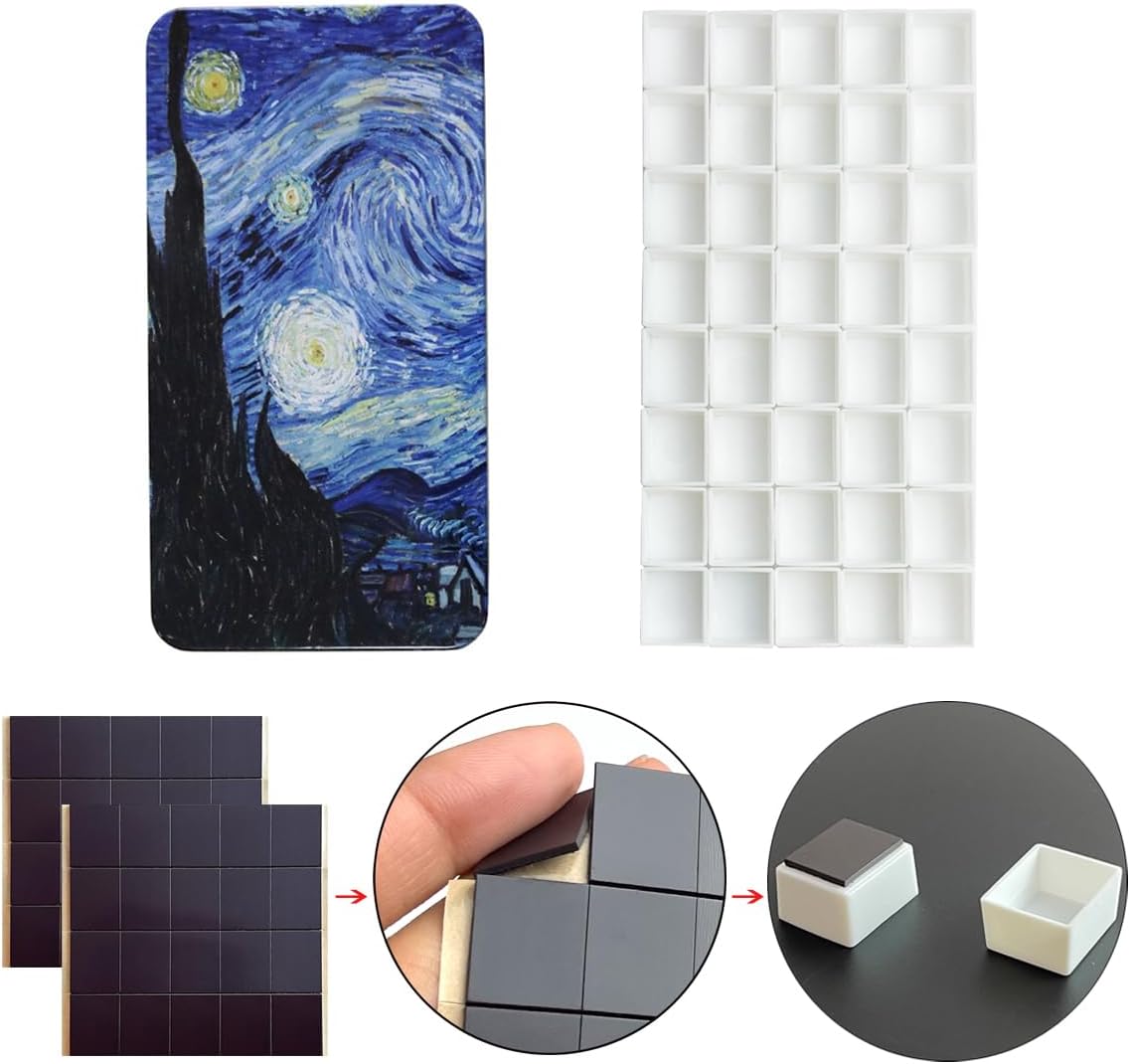 Empty Watercolor Tins Paint Palette with 40Pcs Empty Half Pans Carrying Magnetic Squares - Starry Night by Vincent Van Gosh