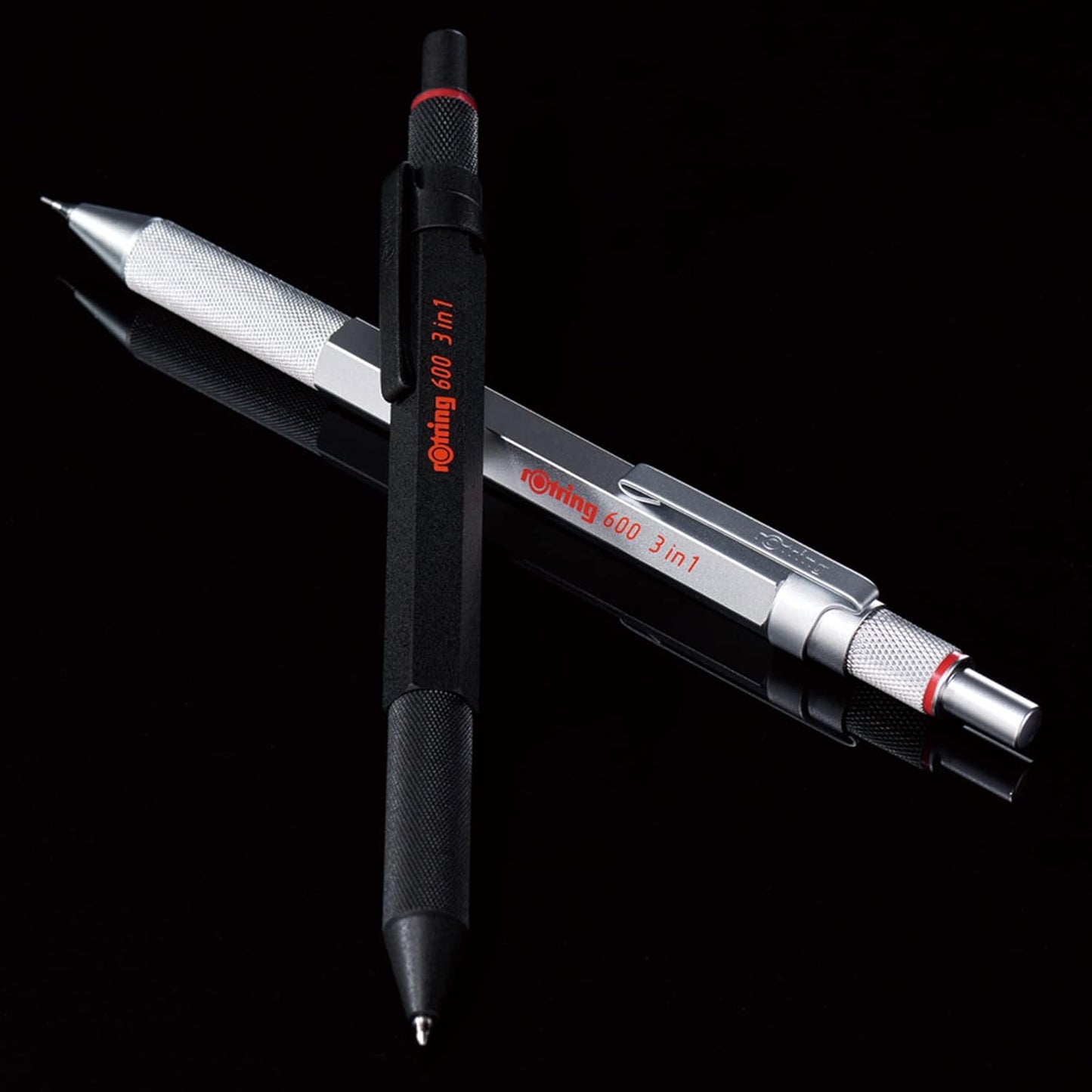 Rotring 600 3-in-1 Multicolor Pen and Mechanical Pencil, Switches Between 2 Ballpoint Pen Fine Point Tips (Black and Red Ink) and 1 Mechanical Pencil Tip (0.5mm Lead), Silver Barrel