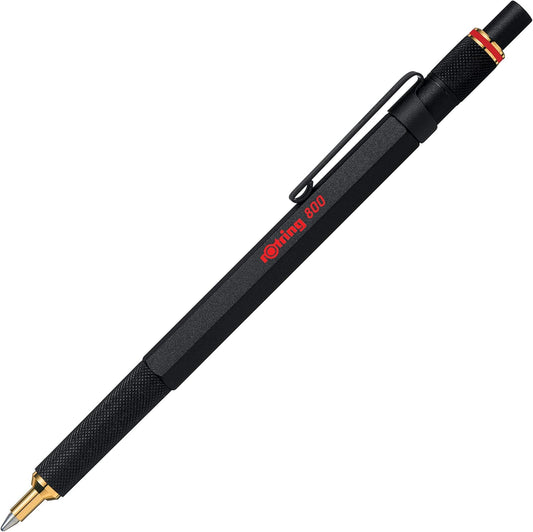 rOtring 800 Retractable Metal Ballpoint Pen, Medium Point, Black Ink, Black Barrel, Refillable, Great Gift for Coworker