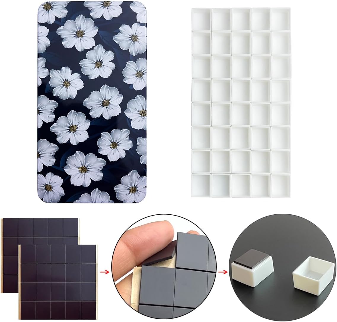 FCLUB Watercolor Palette, Empty Paint Pallet Metal Paint Tin with 40Pcs Half Pans and Magnetic Strip, Paint Holder with Mixing Area, Painting Tray Palette