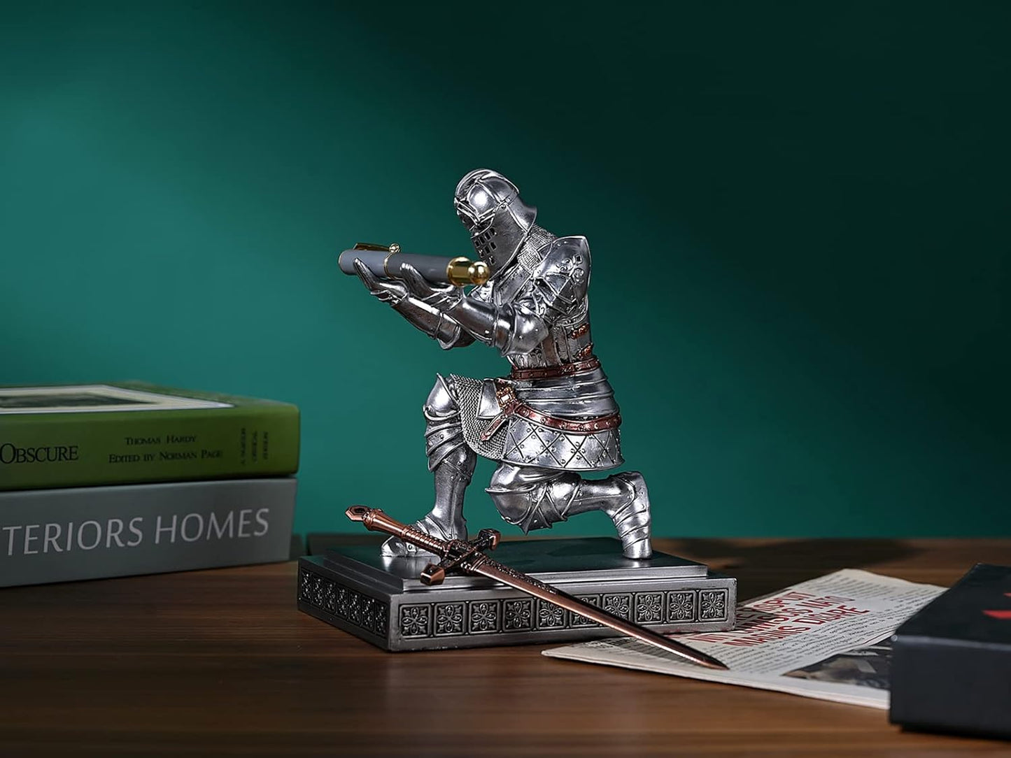 HDMbigmi King's Guard Knight Pen Holder Pen Stand Desk Organizers and Accessories Resin Pencil Holder as Gift with a Metal Sword Letter Opener for Office and Home (Silver)