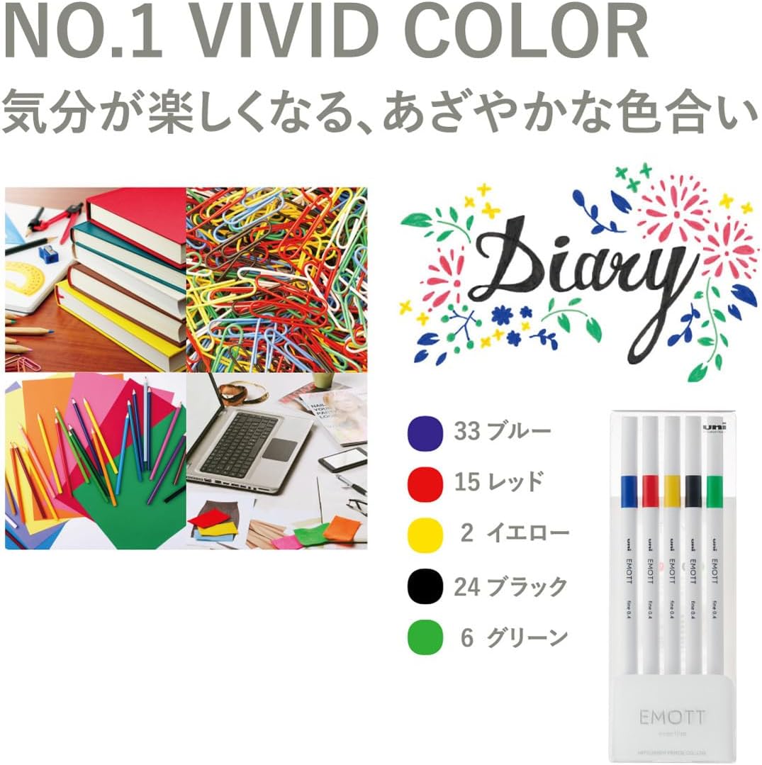 Uni Water Based Pen EMOTT 5 Colors Set No.1Vivid Color, PEM-SY 5C No.1