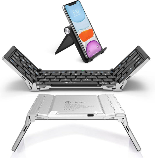 iClever Foldable Bluetooth Keyboard, Ultra-Slim Metal Keyboard with USB-C Charging, Tri-Folding Design for Laptop, iPad, iPhone, Tablet - Sync 3 Devices, Portable & Space-Saving