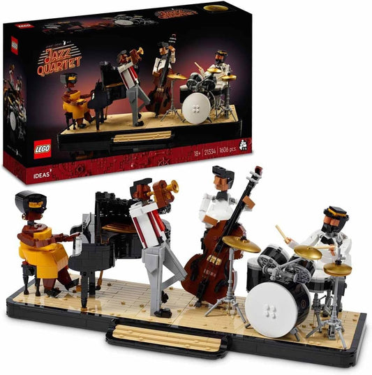 LEGO Ideas Jazz Quartet 21334 adult building set with piano, trumpet, drum kit, and double bass on stage