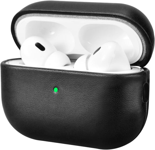 ICARERFAMILY Leather Case for AirPods Pro 2 (2022), Genuine Leather Shockproof Protective Cover for AirPods Pro 2 Earphones Charging Case (LED Visible) Support Wireless Charger Black
